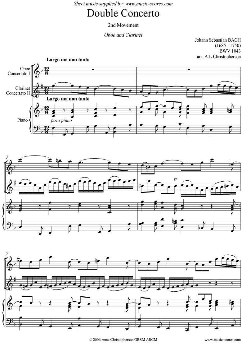 Front page of bwv 1043: Double Concerto, ob cl: 2nd mvt sheet music