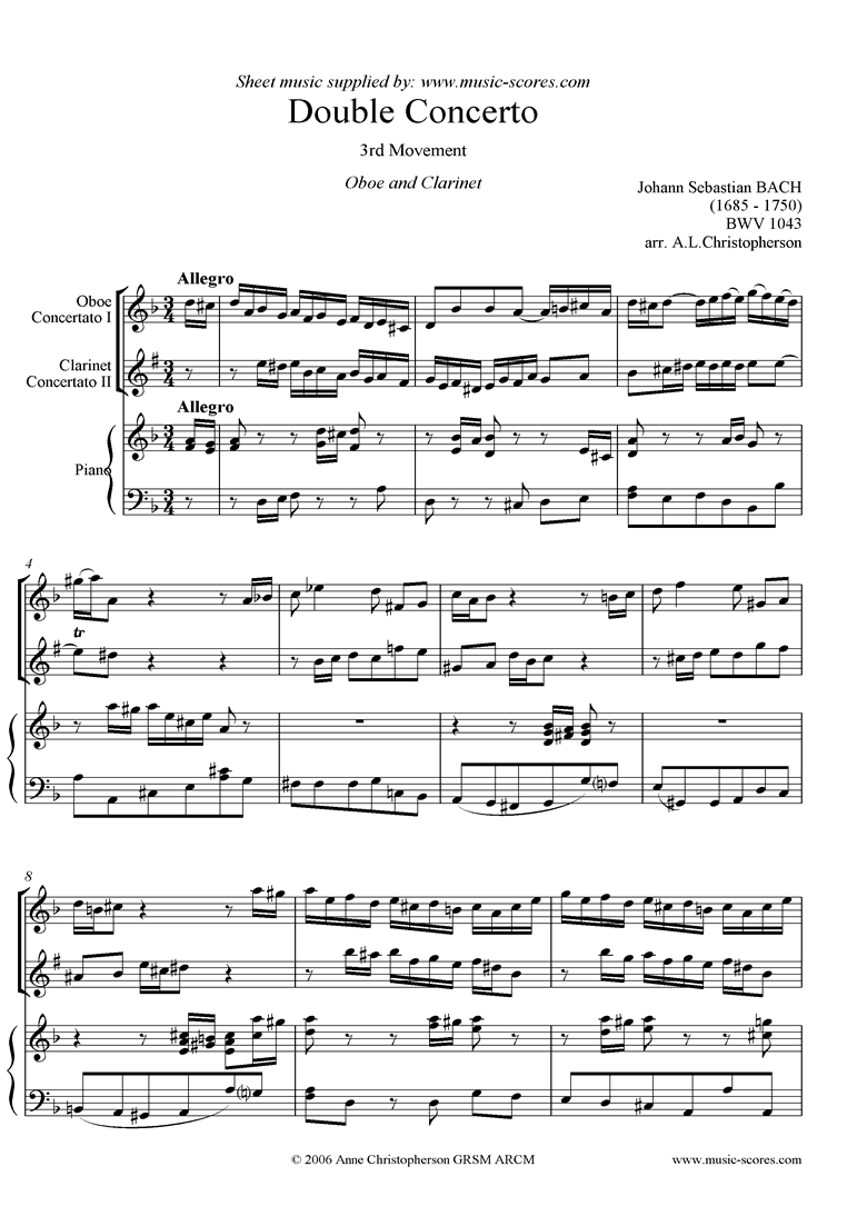 Front page of bwv 1043: Double Concerto, ob cl: 3rd mvt sheet music