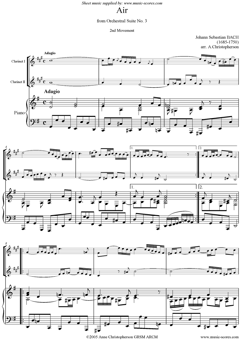 Front page of bwv 1068: Air on G: 2 Clarinets and Piano: G ma sheet music