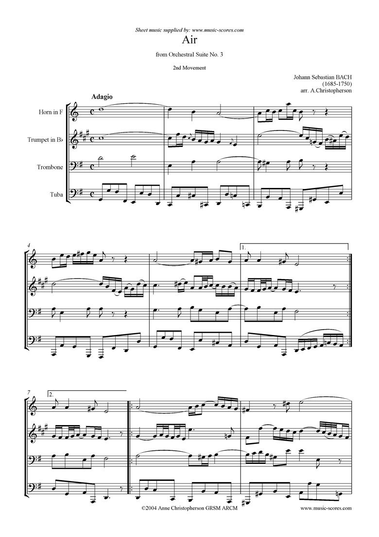 Front page of bwv 1068: Air on G: brass 4: horn, tpt, tbn, tuba: G ma sheet music