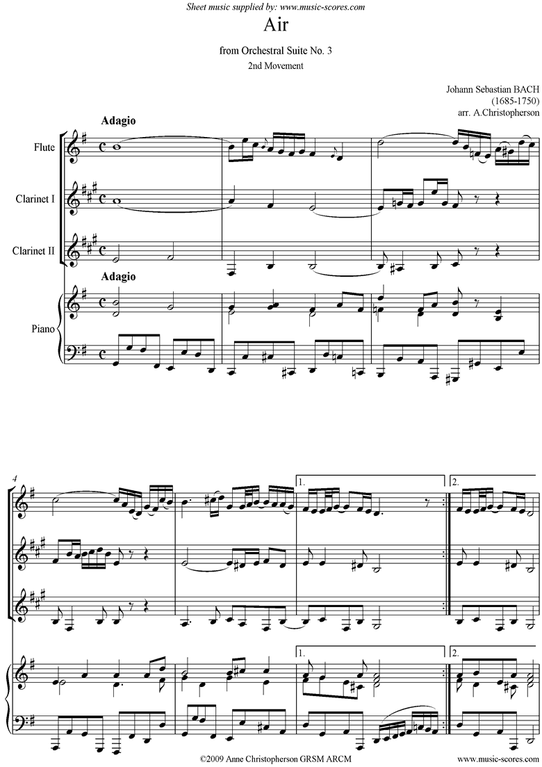 bwv 1068: Air on G: Flute, 2 Clarinets and Piano: by Bach