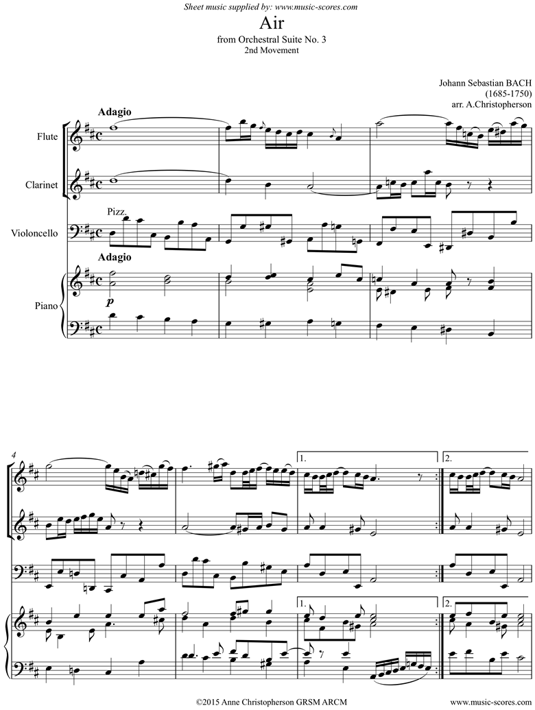 bwv 1068: Air on G: Flute, Clarinet, Cello,Piano: by Bach