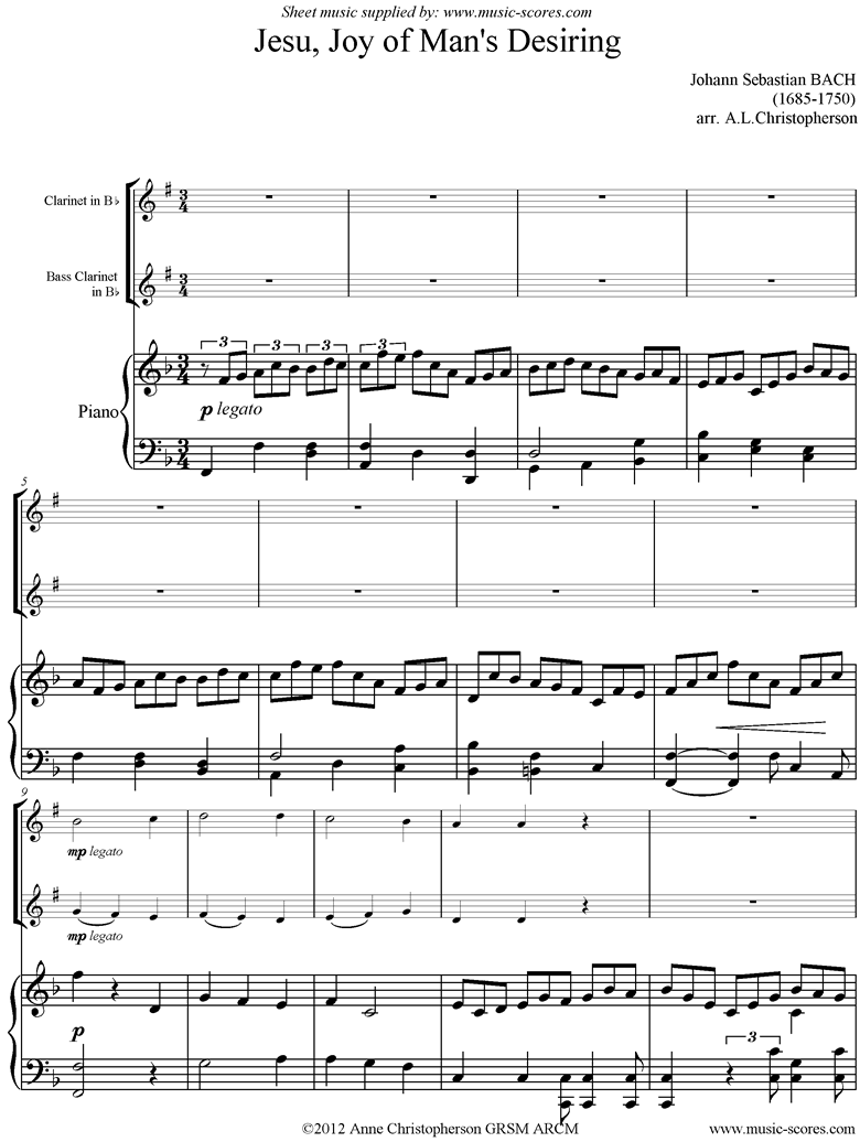 Jesu Joy: Church Cantata No.147: Clarinet, Bass Clarinet, Piano by Bach