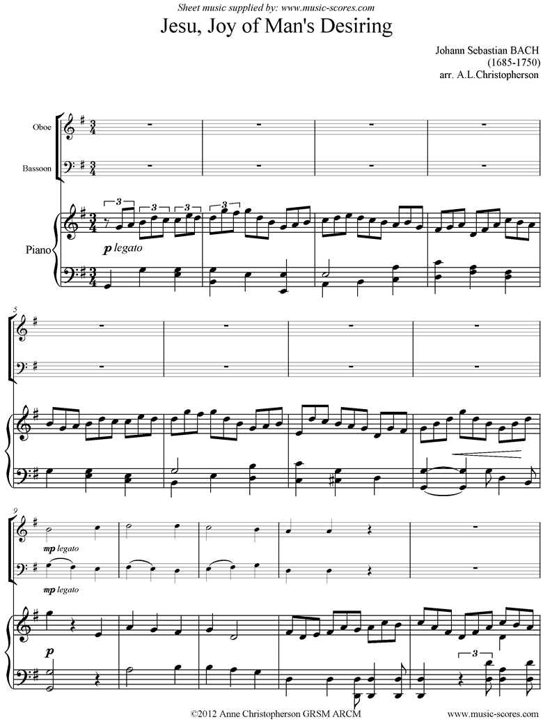 Jesu Joy: Church Cantata No.147: Oboe, Bassoon, Piano by Bach