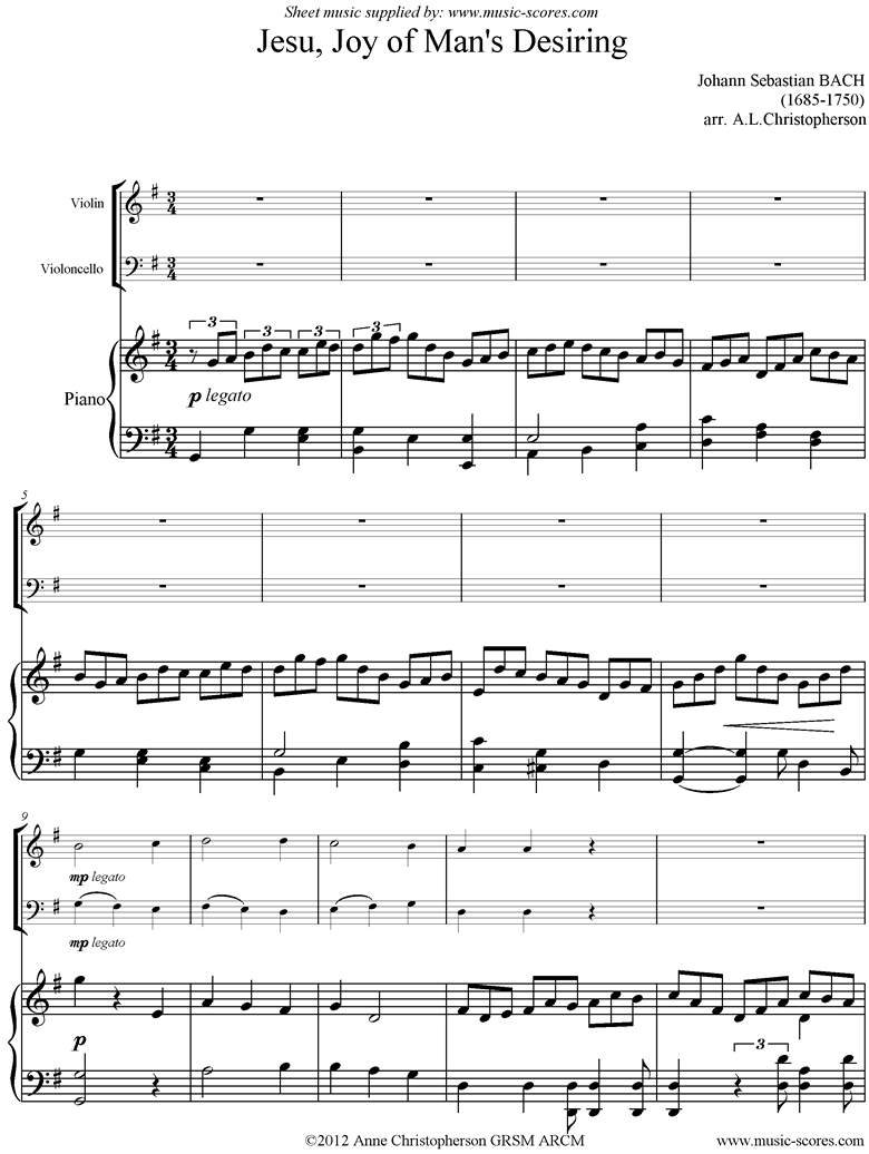 Jesu Joy: Church Cantata No.147: Violin, Cello, Piano by Bach