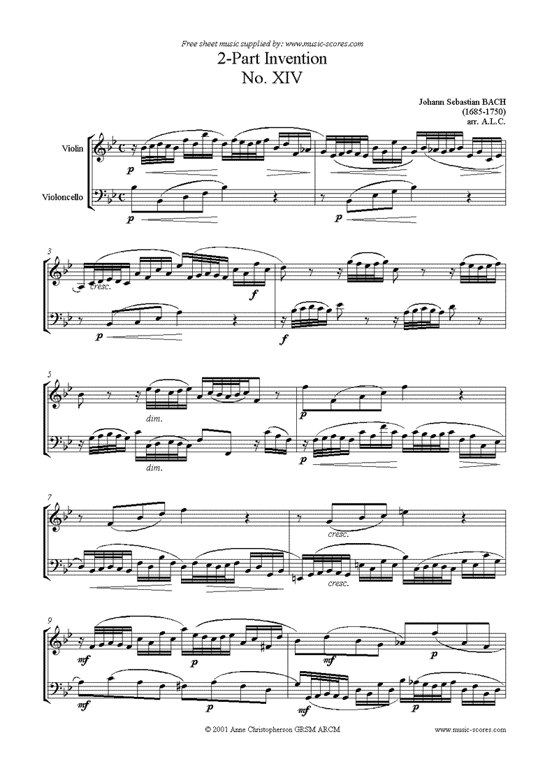 Front page of Two Part Invention No. 14: Violin and Cello sheet music