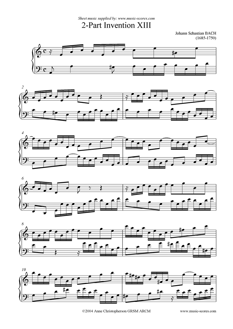 Front page of Two Part Invention No. 13 sheet music