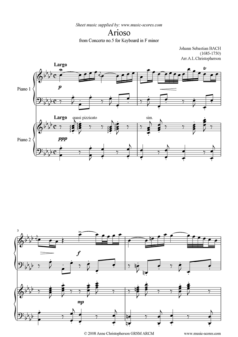 Front page of Cantata 156, 5th Concerto: Arioso: 2 pianos sheet music