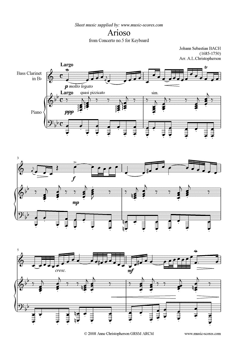 Front page of Cantata 156, 5th Concerto: Arioso: Bass Clarinet sheet music