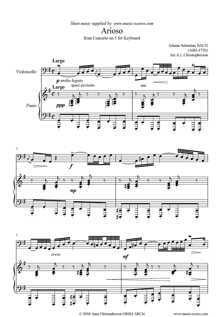Front page of Cantata 156, 5th Concerto: Arioso: Cello sheet music