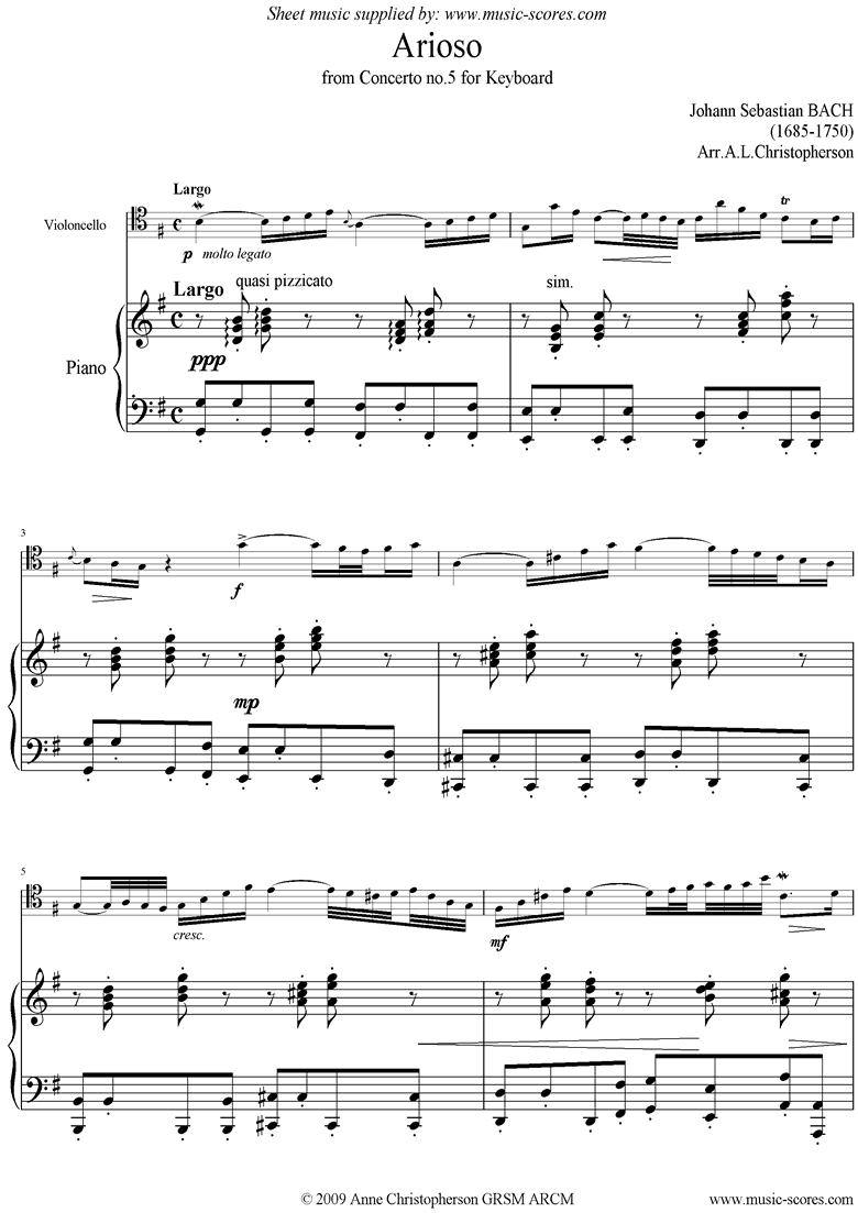 Cantata 156, 5th Concerto: Arioso: Cello, high by Bach