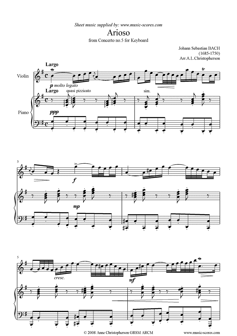 Front page of Cantata 156, 5th Concerto: Arioso: Violin sheet music