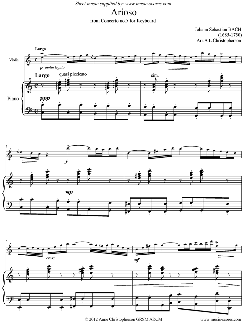 Front page of Cantata 156, 5th Concerto: Arioso: Violin C ma sheet music