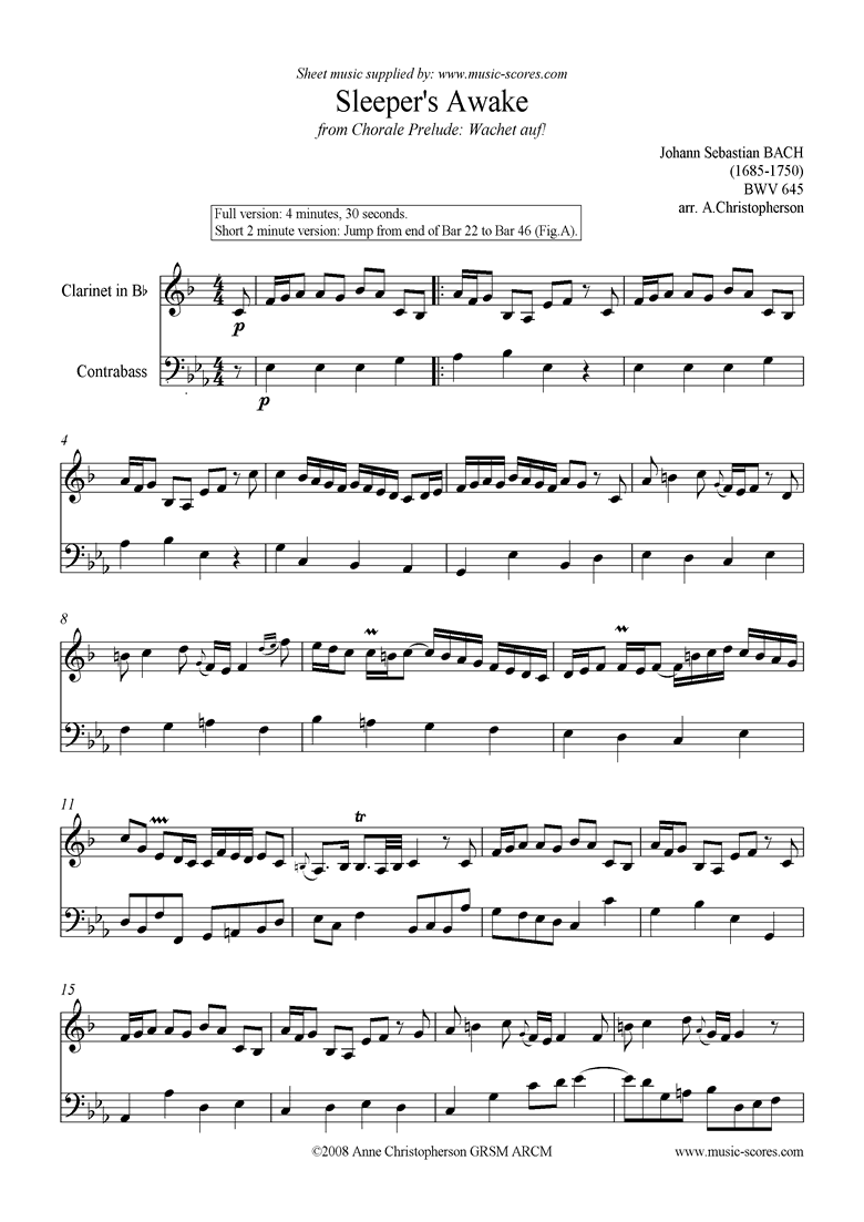 Front page of bwv 645 Sleepers Awake: Clarinet, Double Bass sheet music
