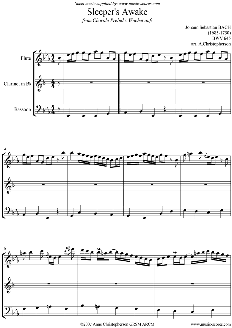 Front page of bwv 645 Sleepers Awake: Wind Trio: Fl, Cl, Fg sheet music