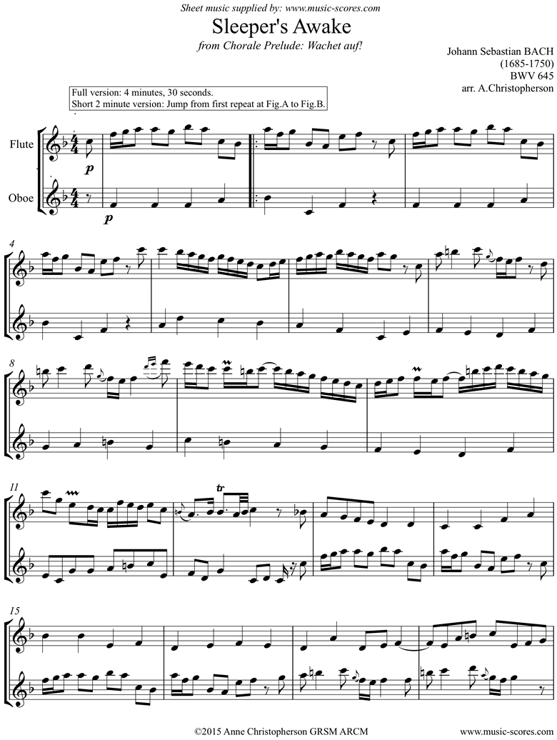 Front page of bwv 645 Sleepers Awake: Flute, Oboe sheet music