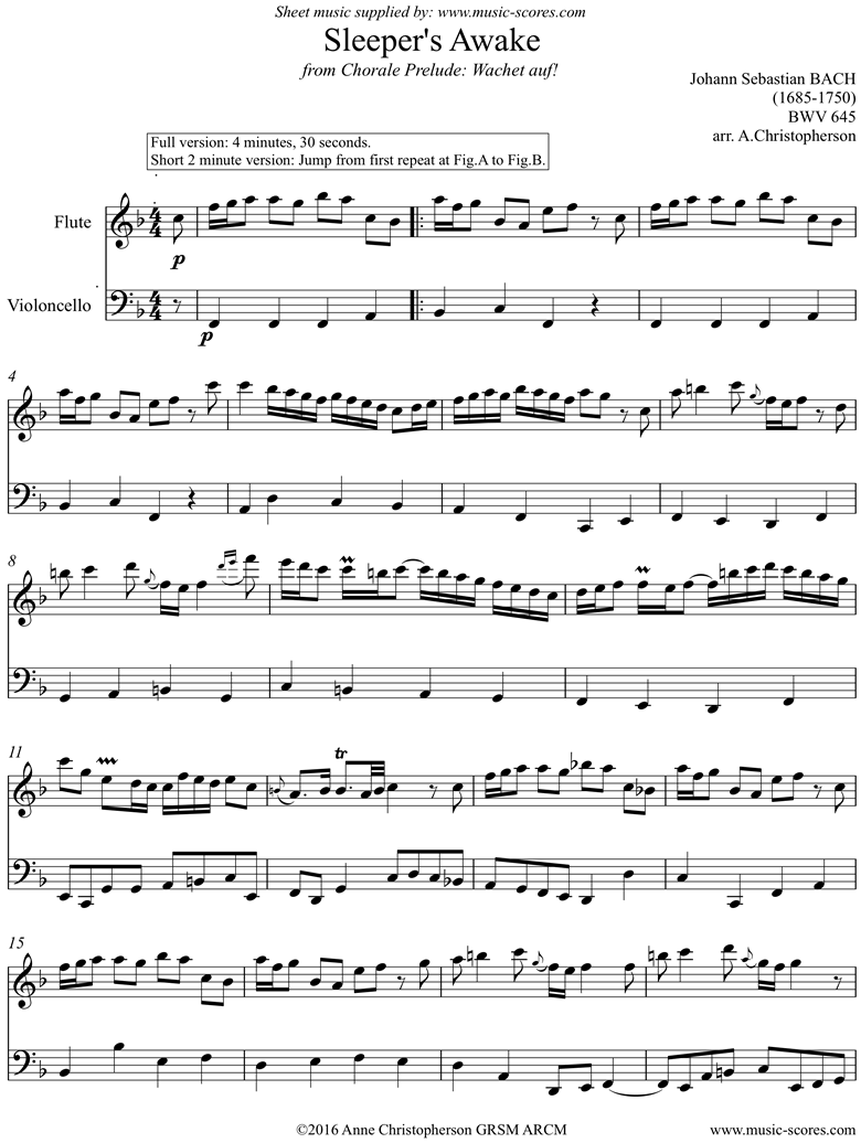 Front page of bwv 645 Sleepers Awake: Flute, Cello sheet music