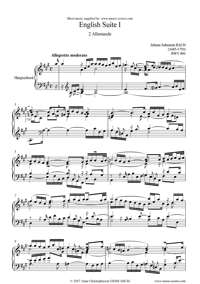 Front page of bwv 806: English Suite No. 1: 2 Allemande sheet music