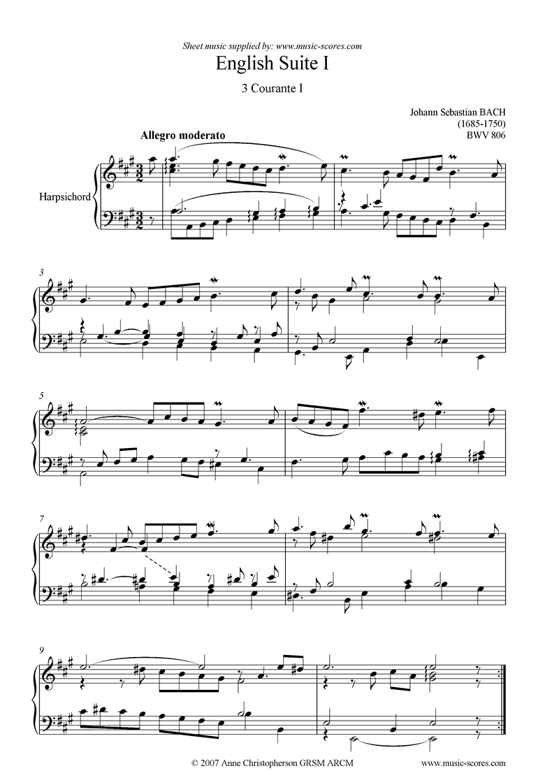 Front page of bwv 806: English Suite No. 1: 3 Courante 1 sheet music