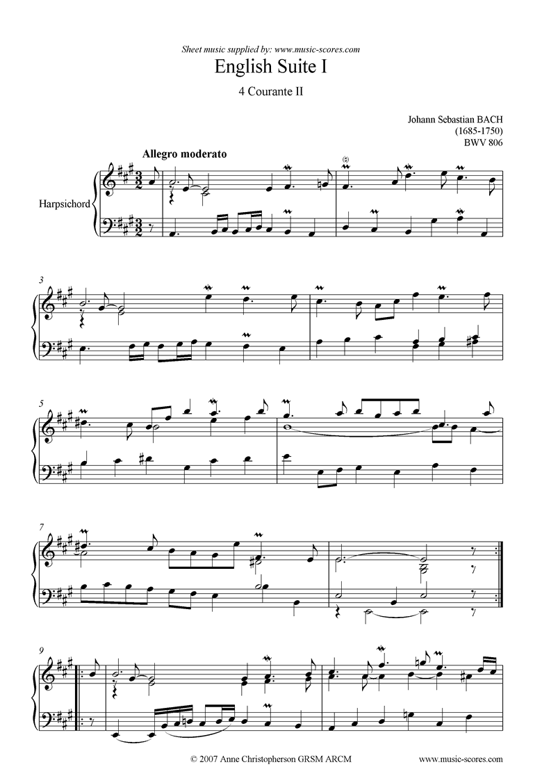 Front page of bwv 806: English Suite No. 1: 4 Courante 2 sheet music