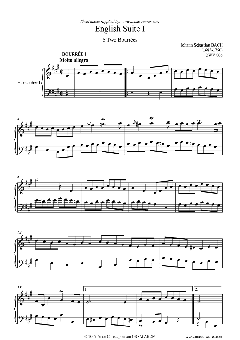 Front page of bwv 806: English Suite No. 1: 6 Two Bourrees sheet music