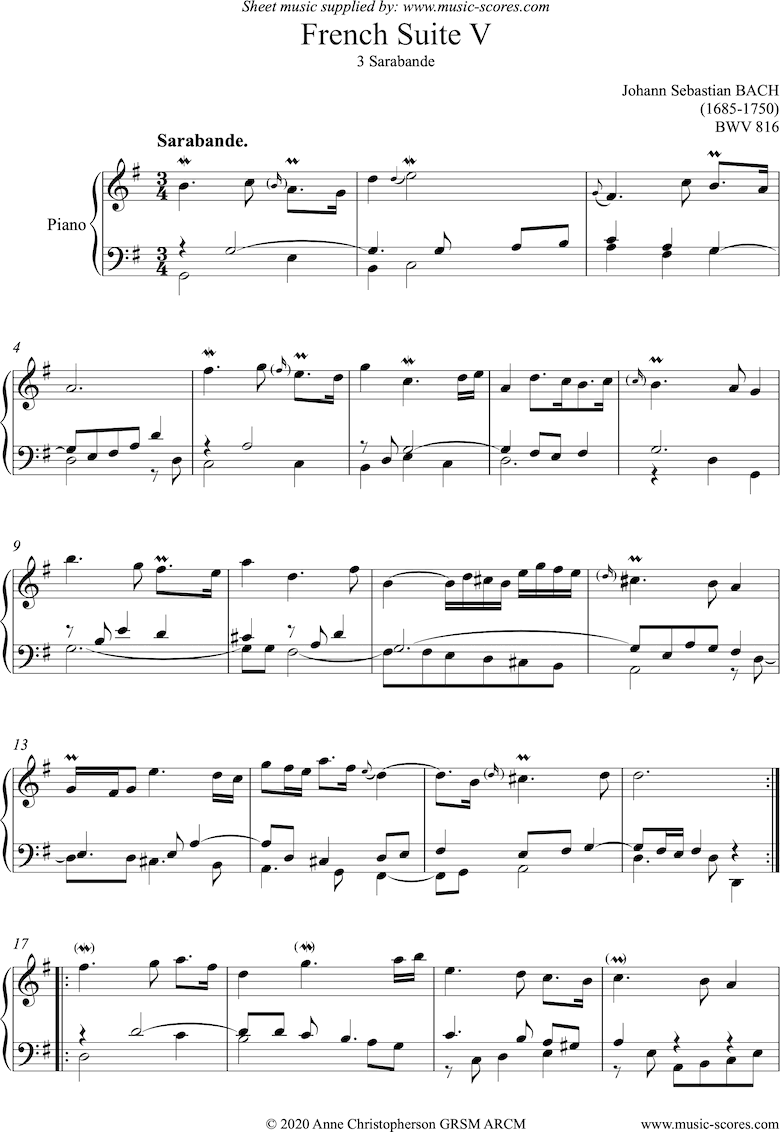 Front page of bwv 816: French Suite No. 5: 3 Sarabande: Piano sheet music