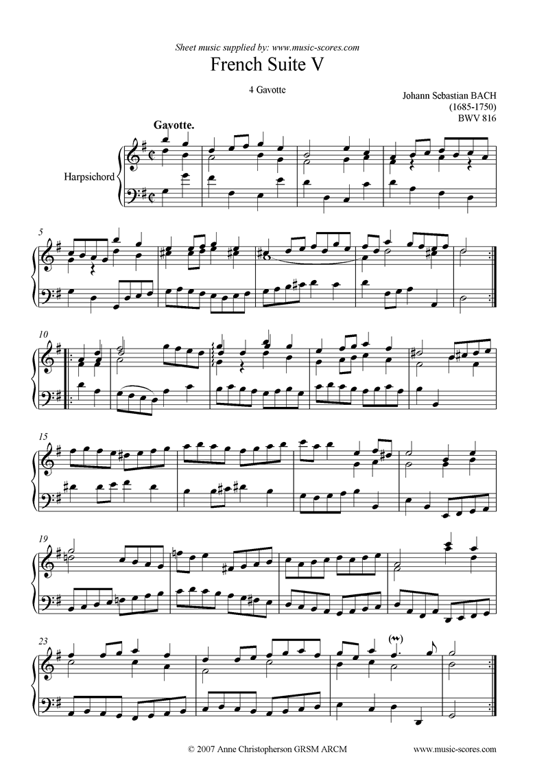 Front page of bwv 816: French Suite No. 5: 4 Gavotte sheet music