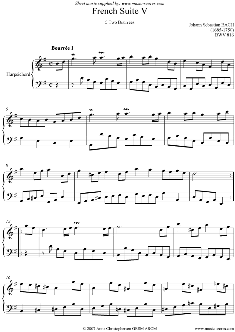 Front page of bwv 816: French Suite No. 5: 5,6 Bourrees sheet music