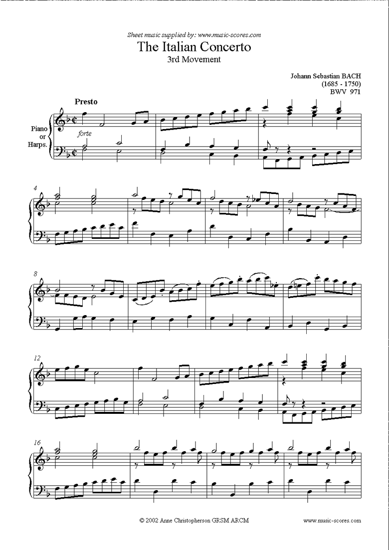Front page of bwv 971: Italian Concerto, 3rd Movement sheet music