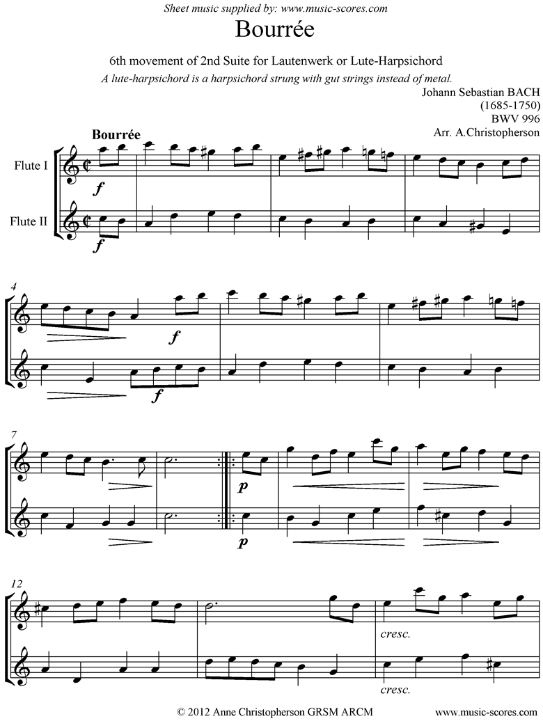 Front page of bwv 996: 2nd Lautenwerk Suite, 6th Movement, Flute Duet sheet music
