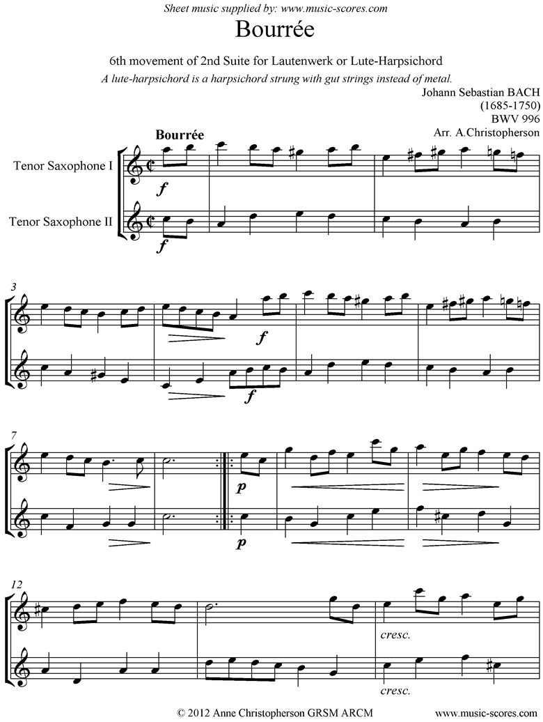 Front page of bwv 996: 2nd Lautenwerk Suite, 6th Movement, Tenor Sax Duet sheet music
