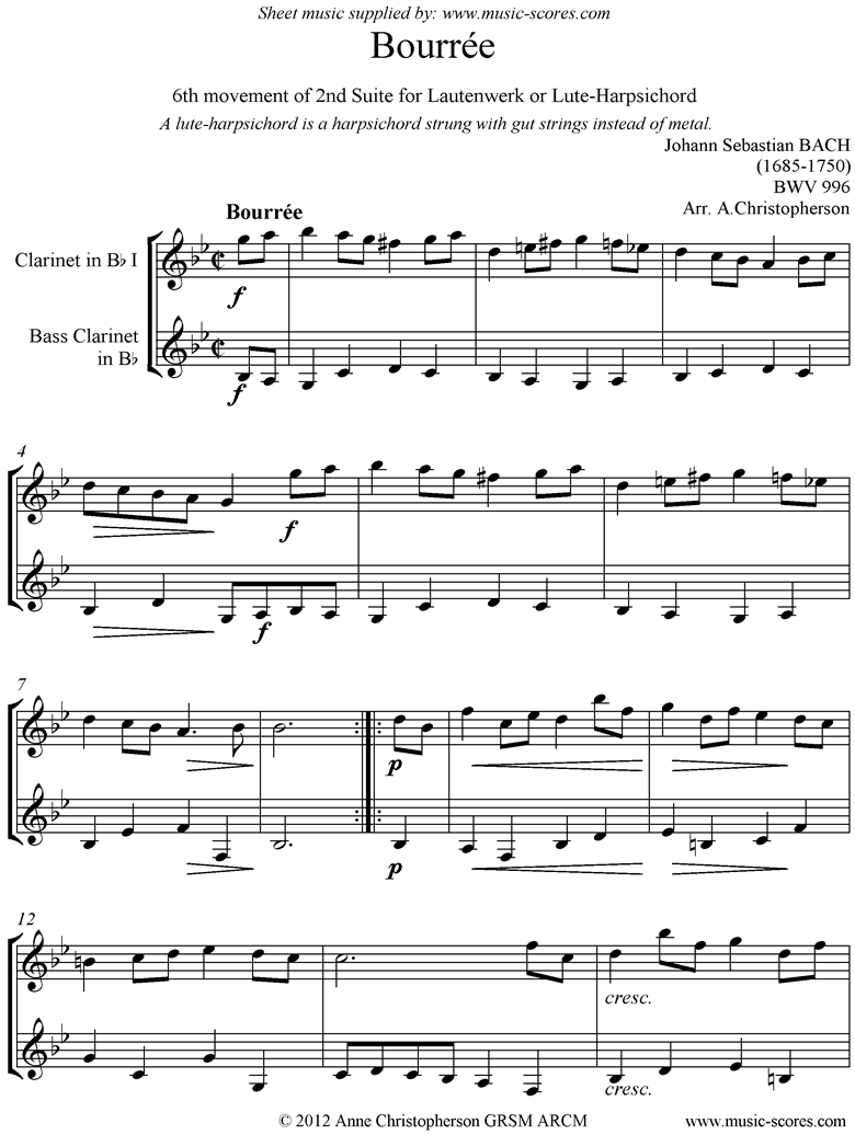 Front page of bwv 996: 2nd Lautenwerk Suite, 6th Movement, Clarinet, Bass Clarinet sheet music