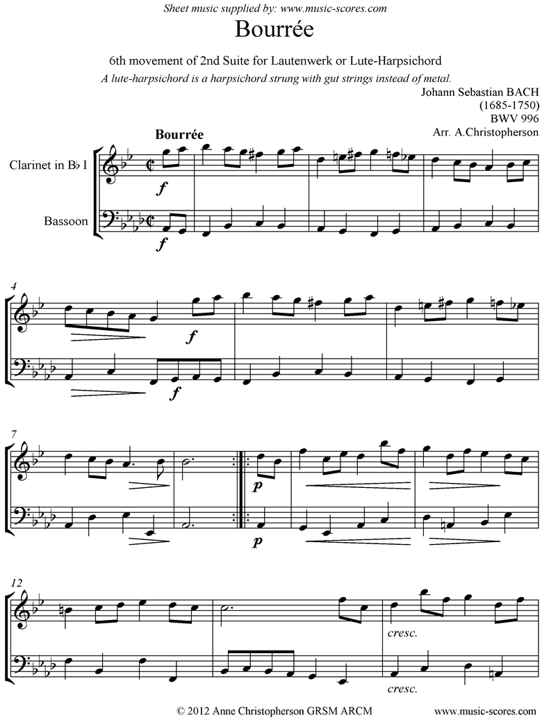 Front page of bwv 996: 2nd Lautenwerk Suite, 6th Movement, Clarinet, Bassoon sheet music