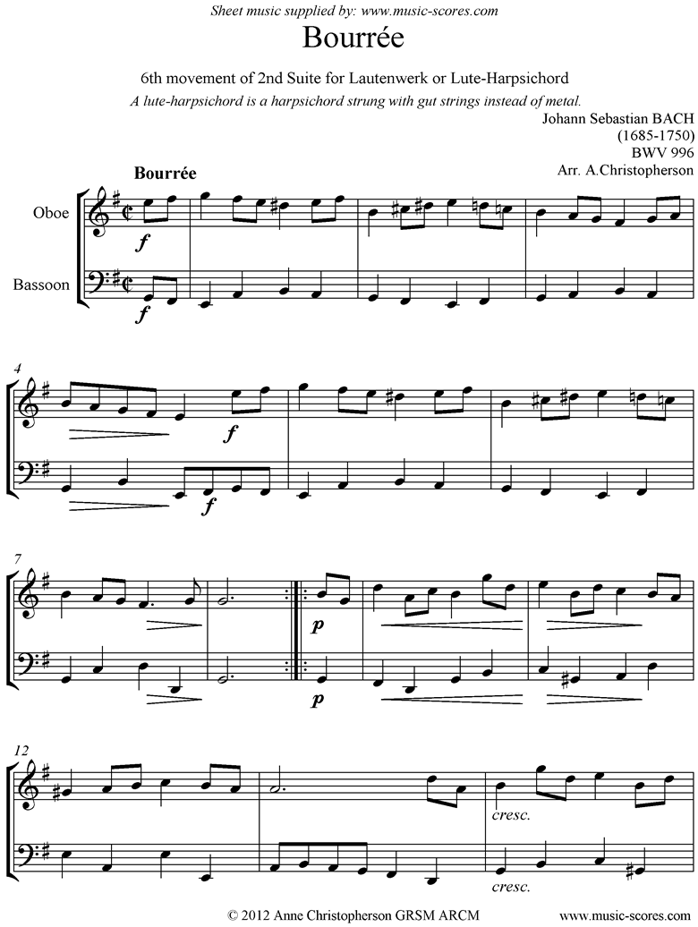 Front page of bwv 996: 2nd Lautenwerk Suite, 6th Movement, Oboe, Bassoon sheet music