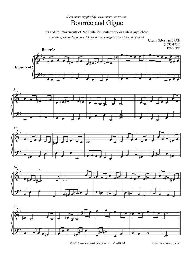 Front page of bwv 996: 2nd Lautenwerk Suite, 6th and 7th Movements sheet music
