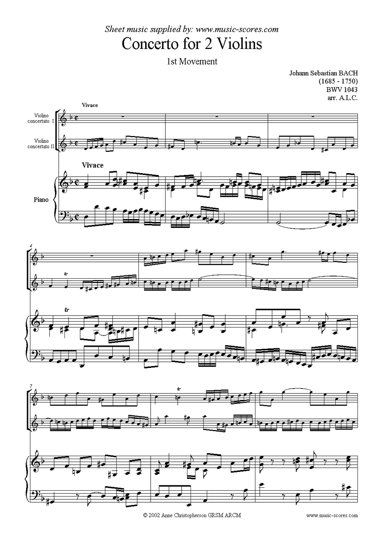 Front page of bwv 1043: Double Concerto, 2 vns: 1st movement sheet music