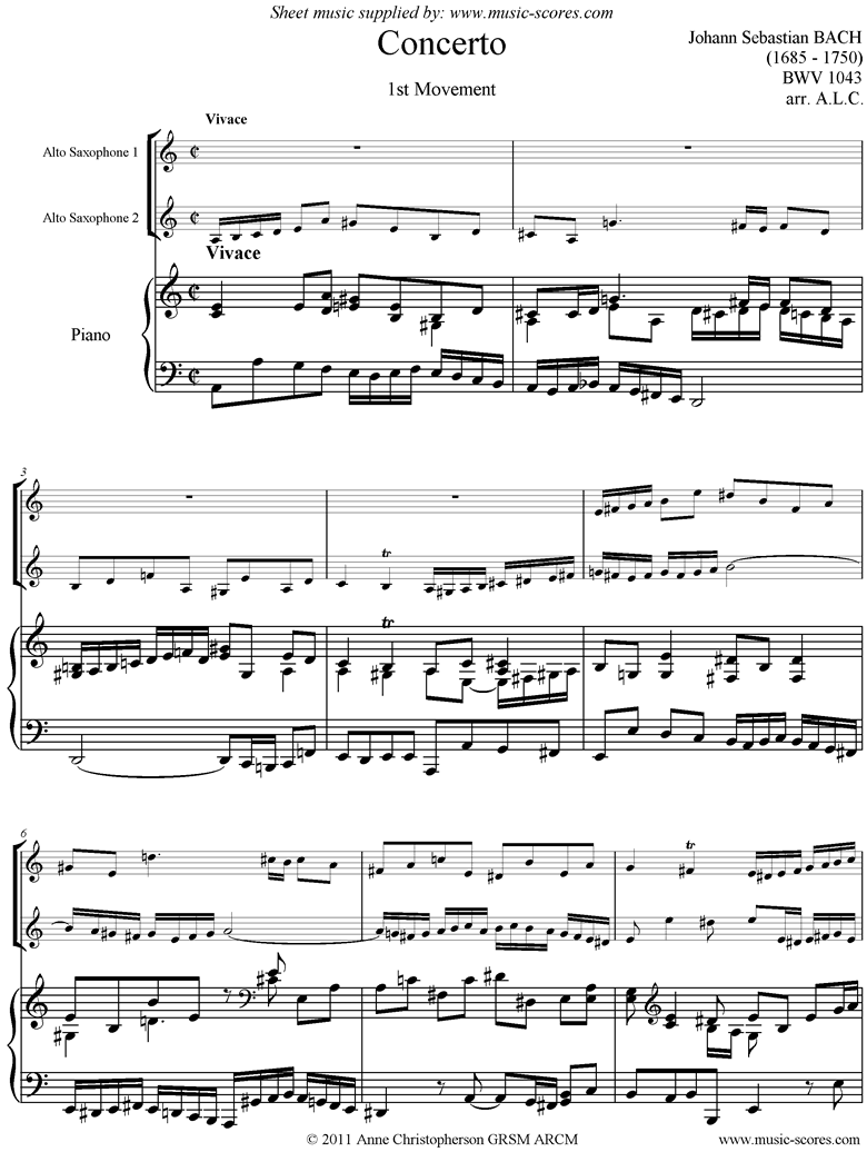 Front page of bwv 1043: Double Concerto, 1st movement: 2 Alto Saxes sheet music