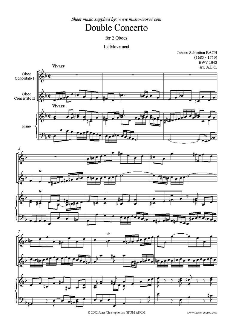 Front page of bwv 1043: Double Concerto, 2 obs: 1st movement sheet music