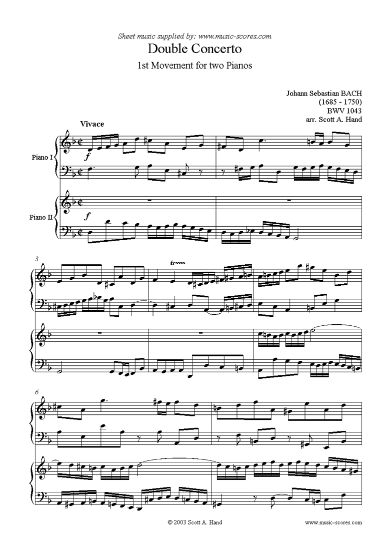 Front page of bwv 1043: Double  Concerto, 1st movement: Piano Duo sheet music