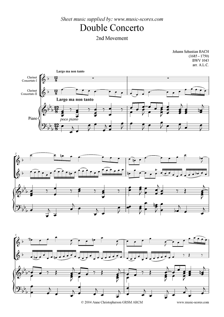 Front page of bwv 1043: Double Concerto, 2 cls lower: 2nd mvt sheet music