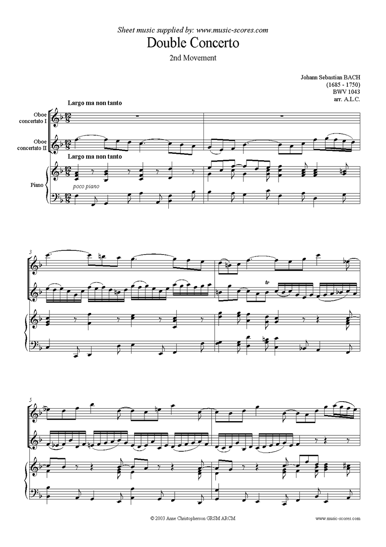 Front page of bwv 1043: Double Concerto, 2 obs: 2nd movement sheet music