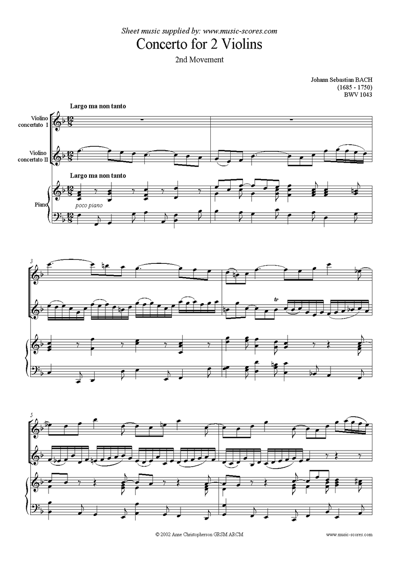 Front page of bwv 1043: Double Concerto, 2 vns: 2nd movement sheet music