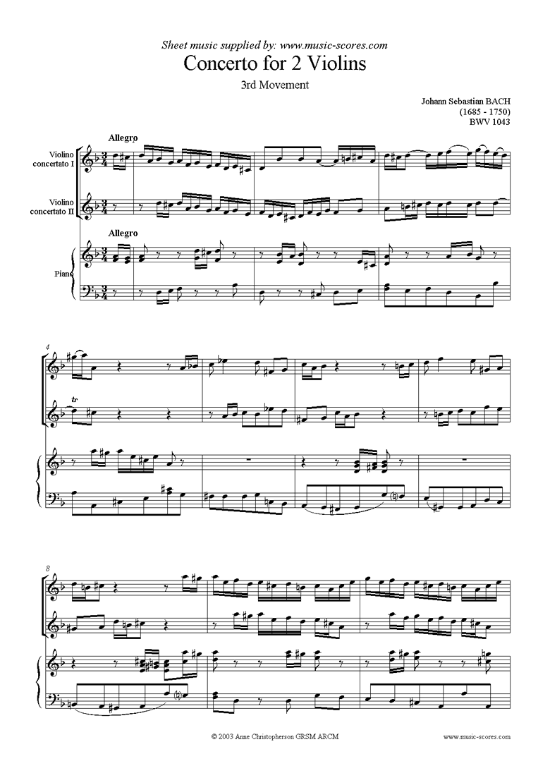 Front page of bwv 1043: Double Violin Concerto, 3rd movement sheet music