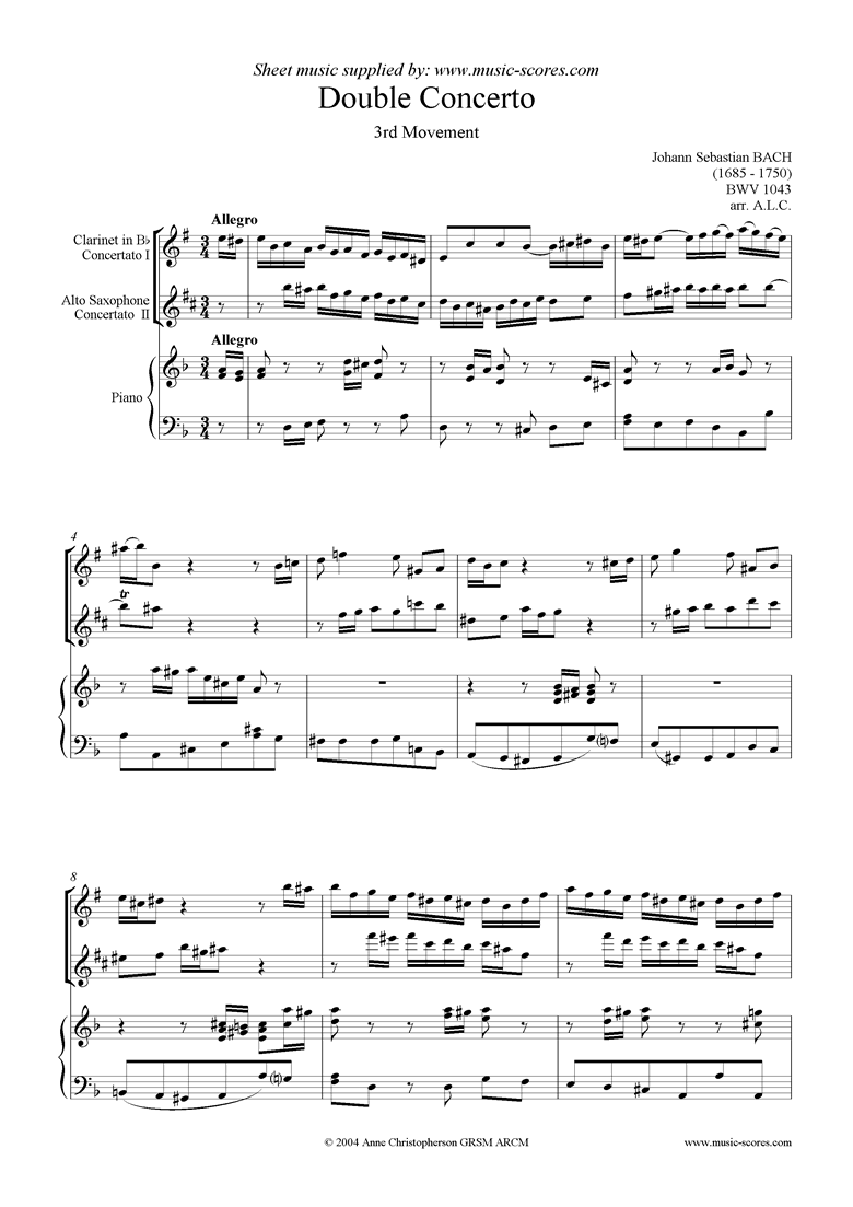 Front page of bwv 1043: Double Concerto, cl asx: 3rd movement sheet music