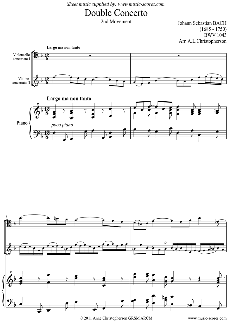 Front page of bwv 1043: Double Concerto, Vc, Vn: 2nd movement sheet music