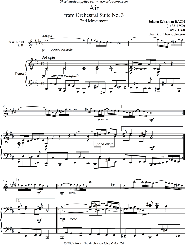 Front page of bwv 1068: Air on G:Bass Clarinet and Piano. sheet music