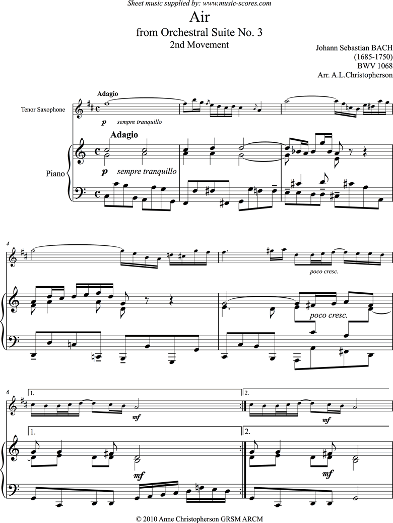 Front page of bwv 1068: Air on G: Tenor Sax and Piano: C ma sheet music