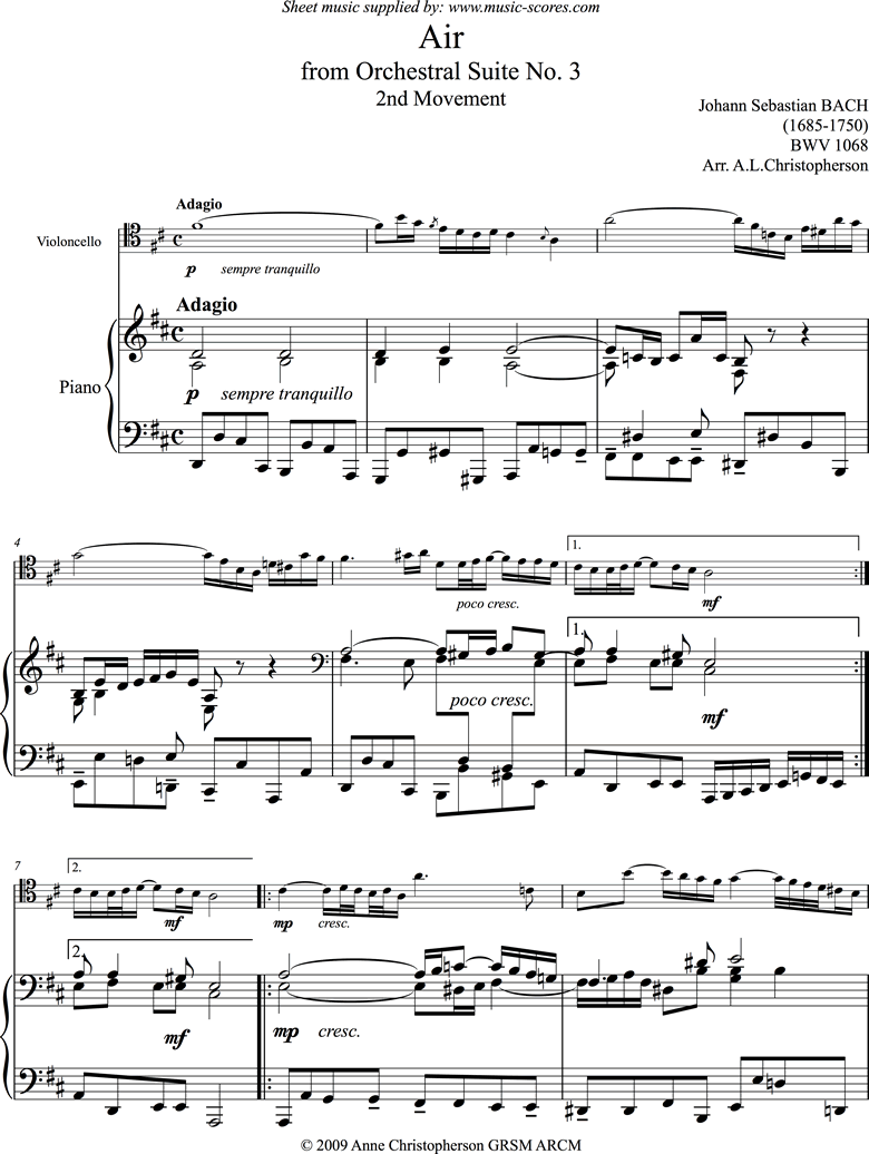 Front page of bwv 1068: Air on G: Cello and Piano. sheet music