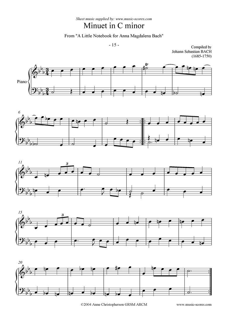 Front page of Anna Magdalena: No. 15: Minuet in C minor sheet music