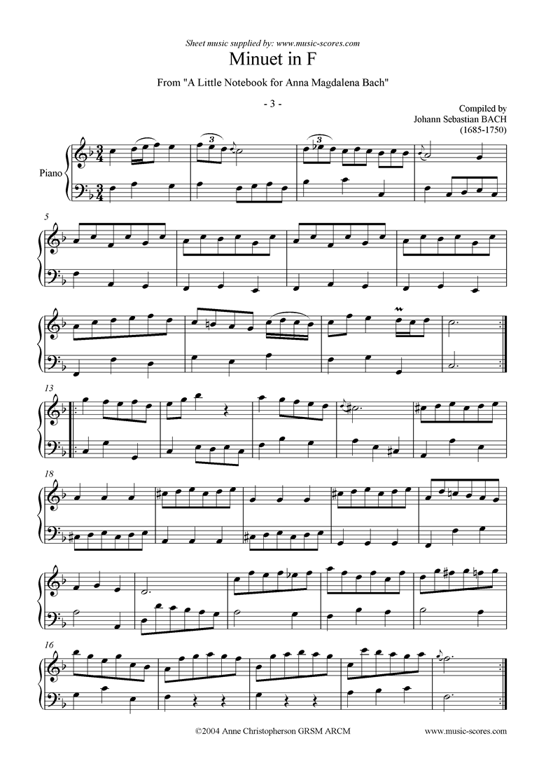 Front page of Anna Magdalena: No. 03: Minuet in F sheet music